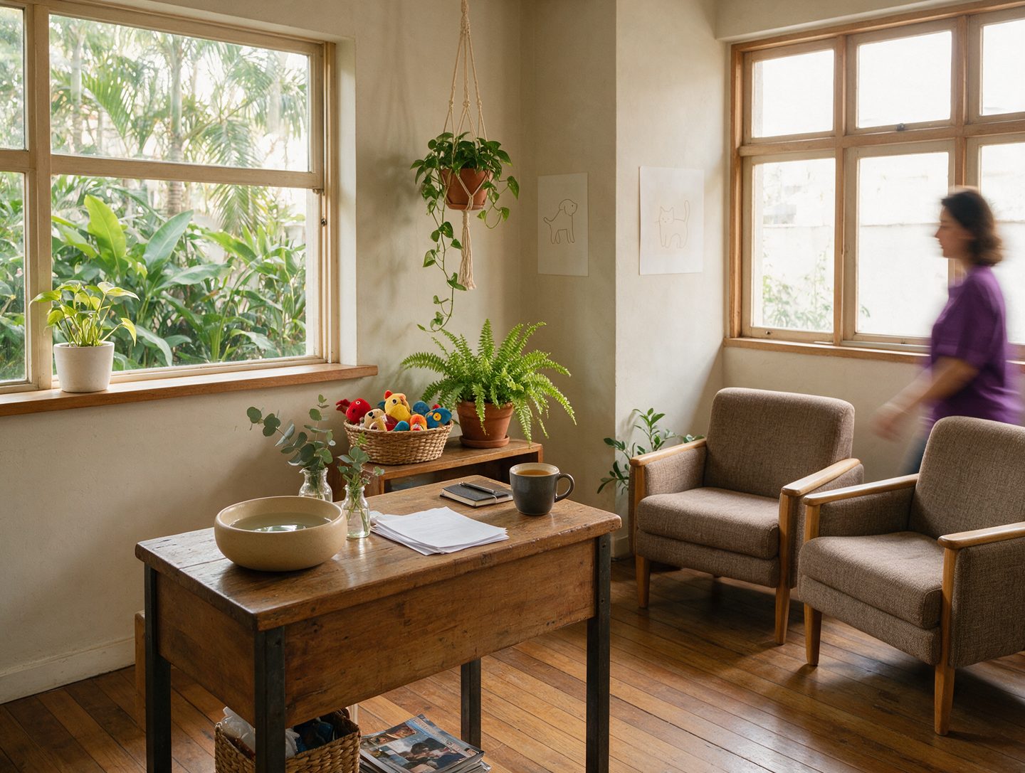 Recepção com poltronas e plantas