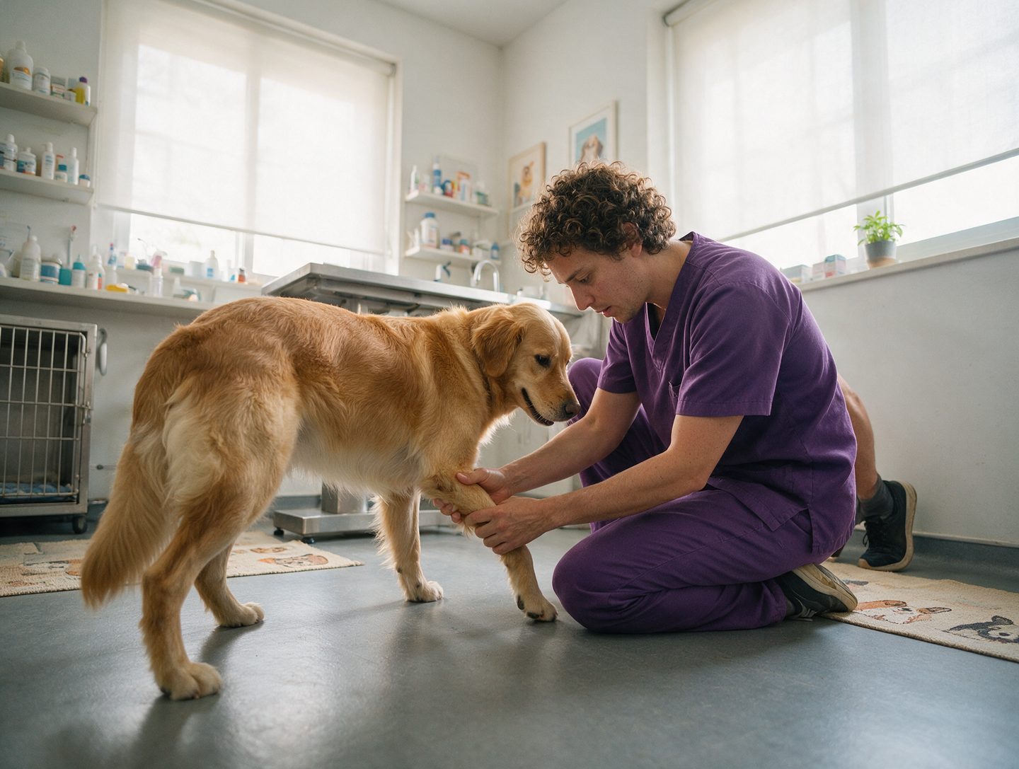 Veterinária examinando a pata de um golden