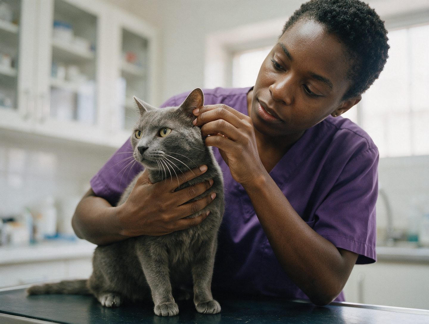 Veterinária examinando a orelha de um gato